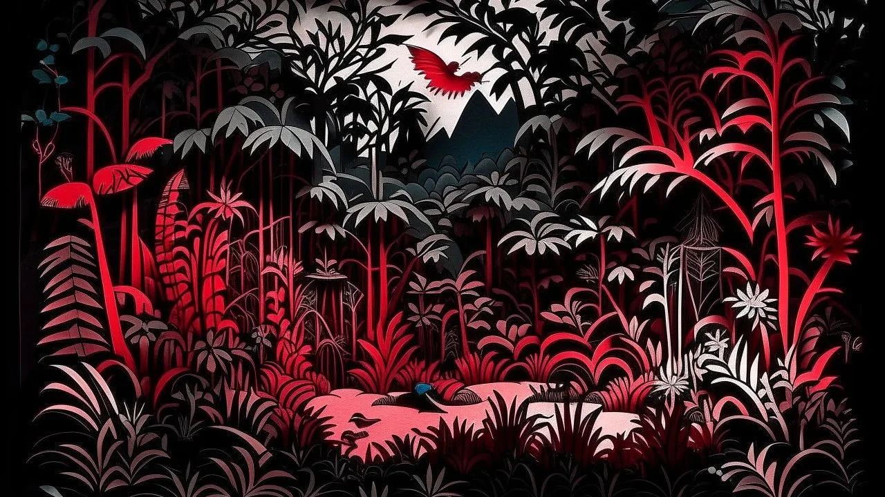 A blackish red savage jungle at nighttime designed in Chinese paper art