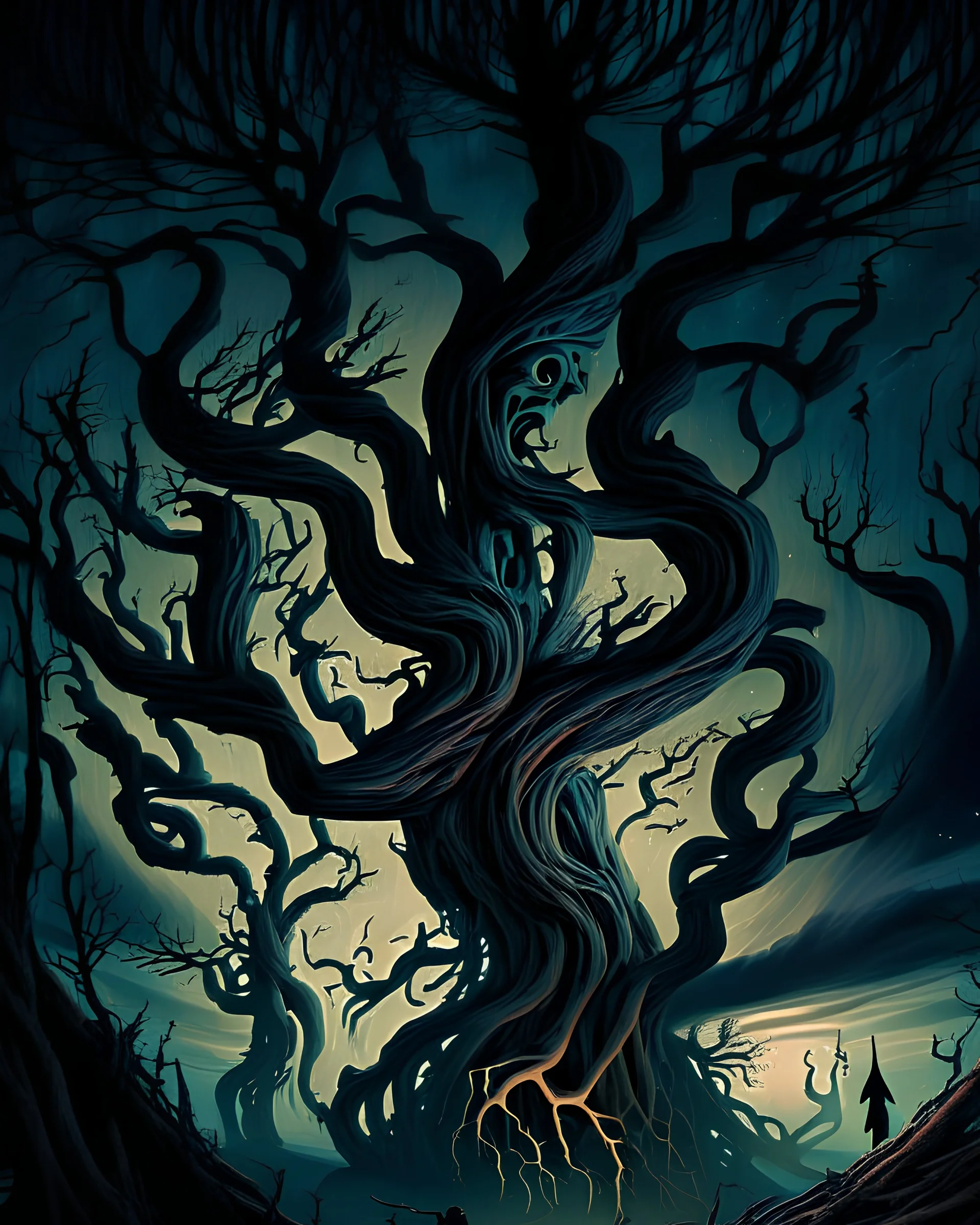 A nightmarish dreamscape with twisted trees and haunting figures.