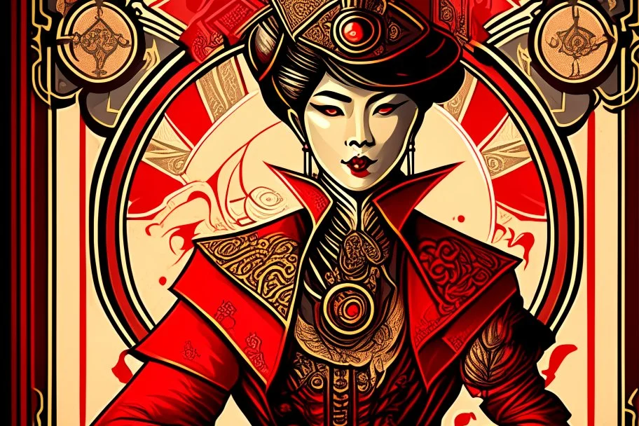 Stylized Asian Steampunk aristocrat, In the style of Tarot and Art Deco, Red colours