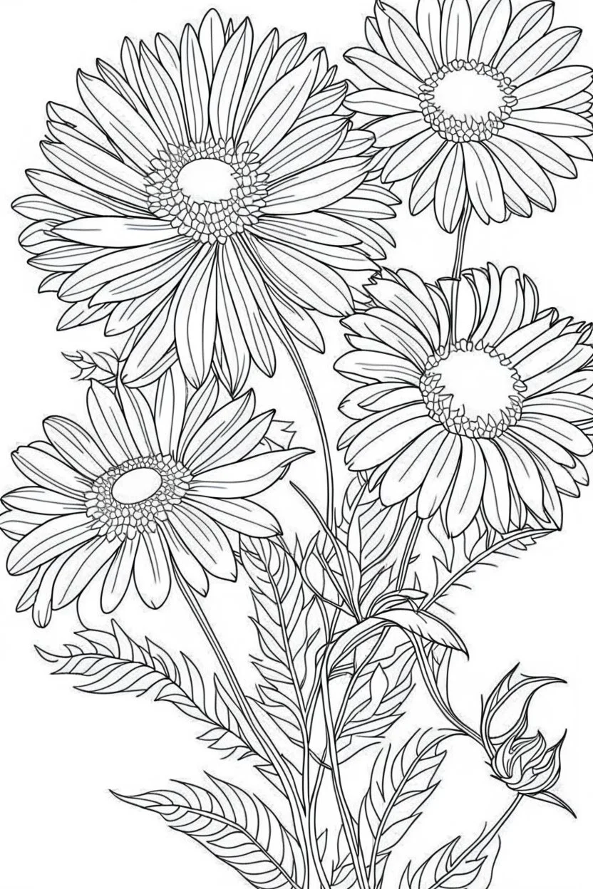 Outline art for coloring page, DAISIES WITH STEMS, coloring page, white background, Sketch style, only use outline, clean line art, white background, no shadows, no shading, no color, clear