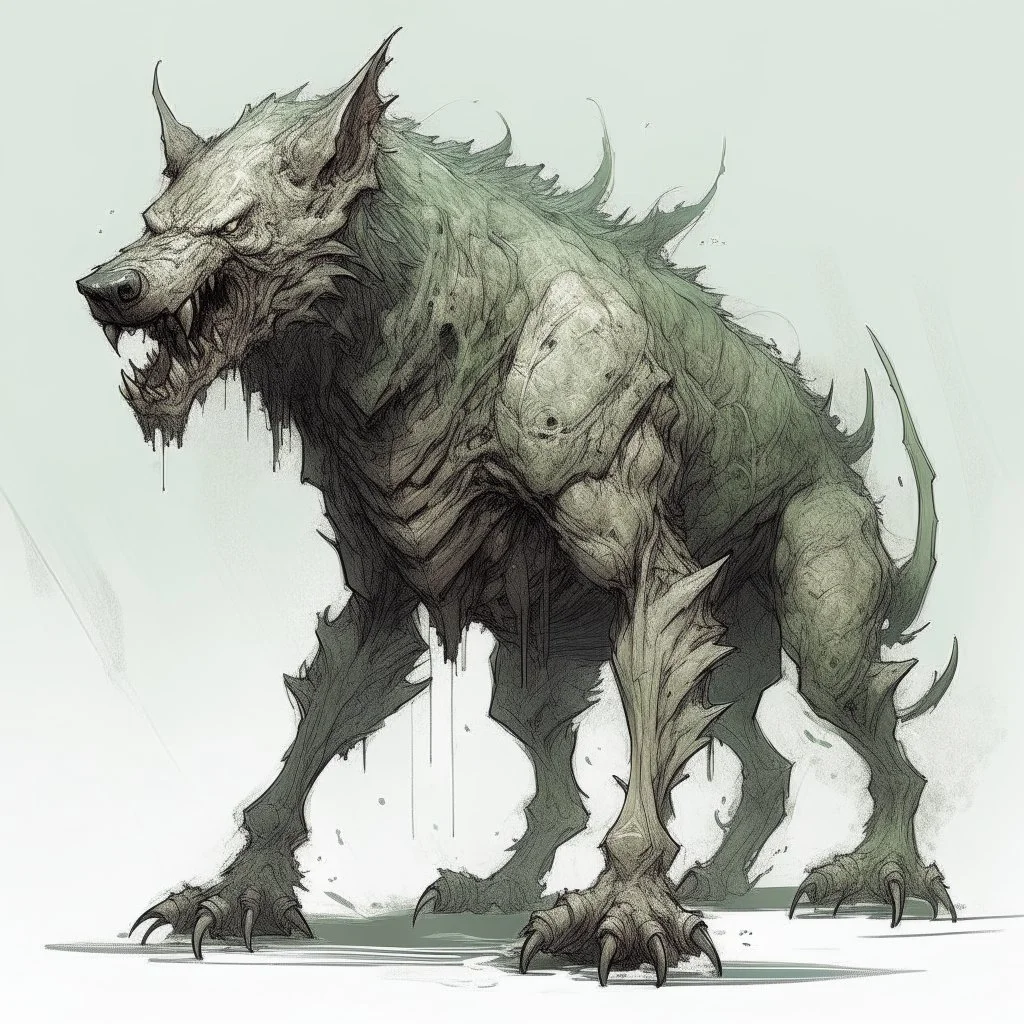 A terrible creature with a wolf's head and a human body