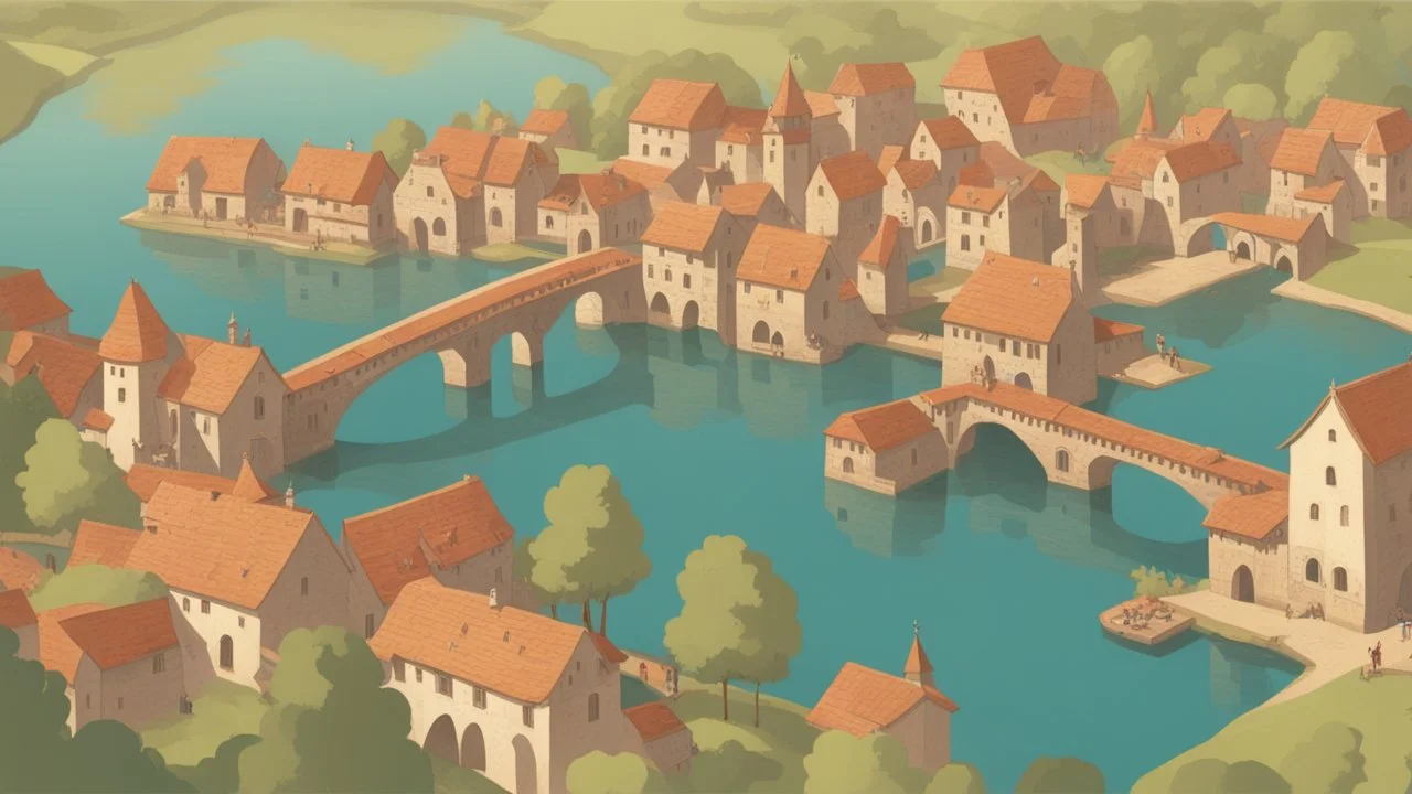 medieval village on a lake with bridges, people, balconies, trees