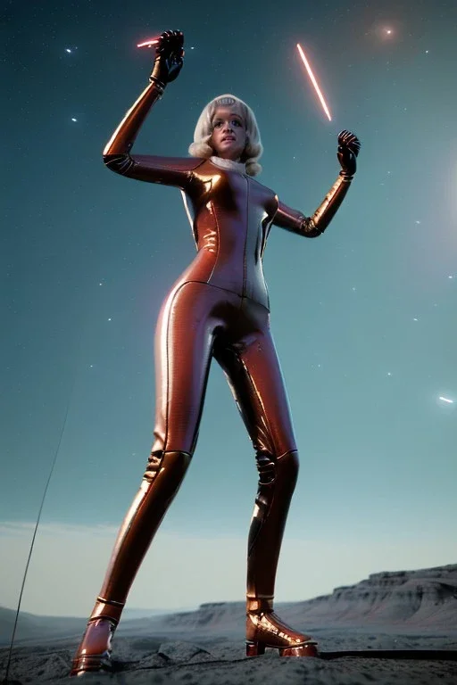 Ultra Realistic retro sci-fi portrait image from 1960, New York, spaceship, sweet young Jane Fonda, tight latex suit, weapon, fighting stance, soft color, highly detailed, unreal engine 5, ray tracing, RTX, lumen lighting, ultra detail, volumetric lighting, 3d, finely drawn, high definition, high resolution.