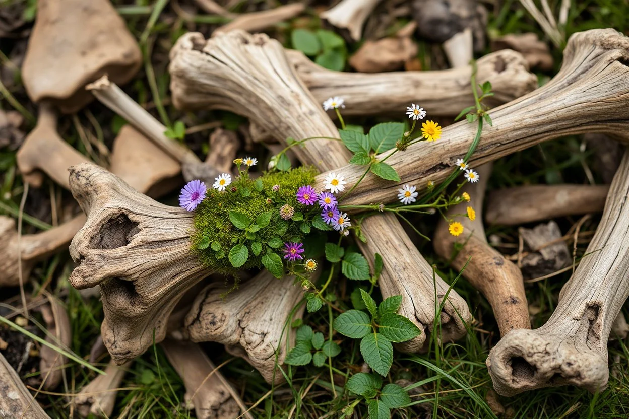 wildflowers and bones, on the old, dry bones there is sometimes a little moss, and wildflowers, green soup vines are wrapped around them, leaves, grass, small flowers, passing, peace, silence, ethereal, symbiosis of life, death and the vegetation of the earth, cycle, impressive, thought-provoking, suggestive, beautiful and artistic style