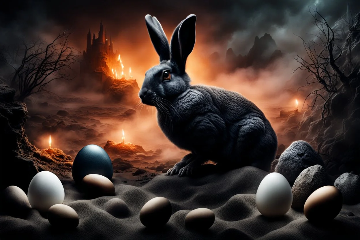 dark fantasy land with mystic, fog, deep cloros, burning landscape with mist, dark fantasy plants, silver and onix crystal eggs lying in sand, pale lights, rocks, weird surreal big dark rabbit-bird mutants, dark fantasy mood, sureal, high quality, high contrast, cinematic, atmospheric, weird mood