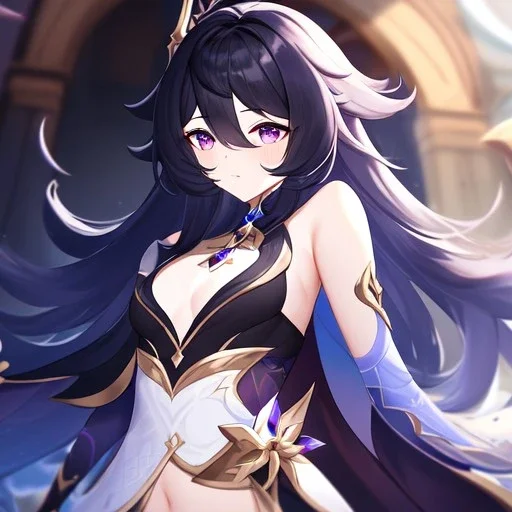 Clear focus,High resolution, Black long fluffy hair, and purple eyes, wearing a Genshin Impact Inspired Outfit,Detailed Clothes,A little bit revealing, must wear a short skirt