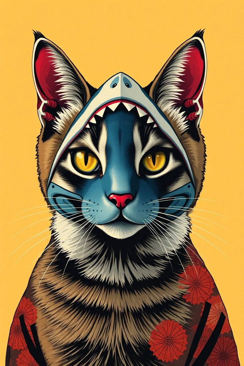 cat with shark mask solana japanese style in the style of warhol