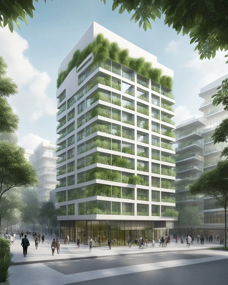 A 3D representation of a 10-story building in Bogotá for housing, commerce and office purposes. It has a modern neo-futufist architectural design with a mix of glass and concrete. There are shops on the ground floor. The upper floors contain residential units and office spaces. The building is surrounded by a green space with trees.