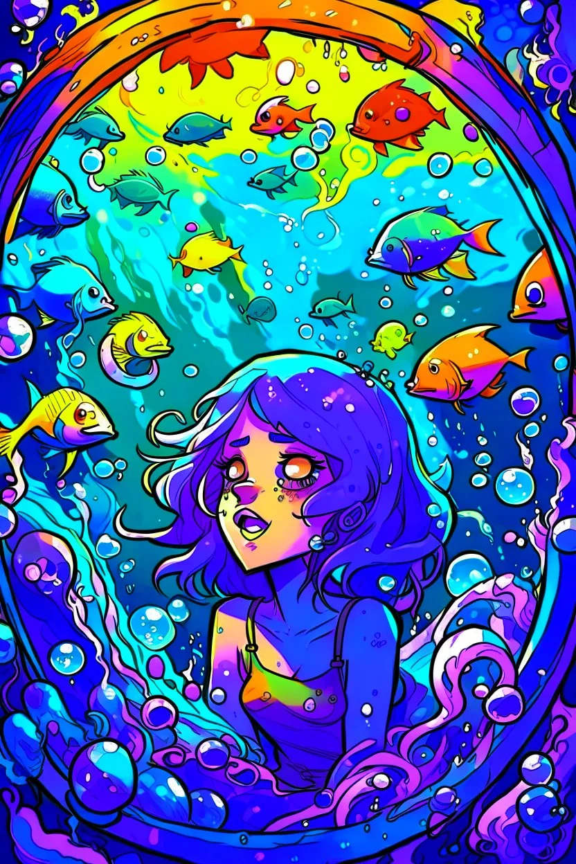 A purple-haired girl locked in a bubble under the sea, with sharks and demon fish, scared, dark sea-colored background, only a few flashes of colorful fish around the bubble