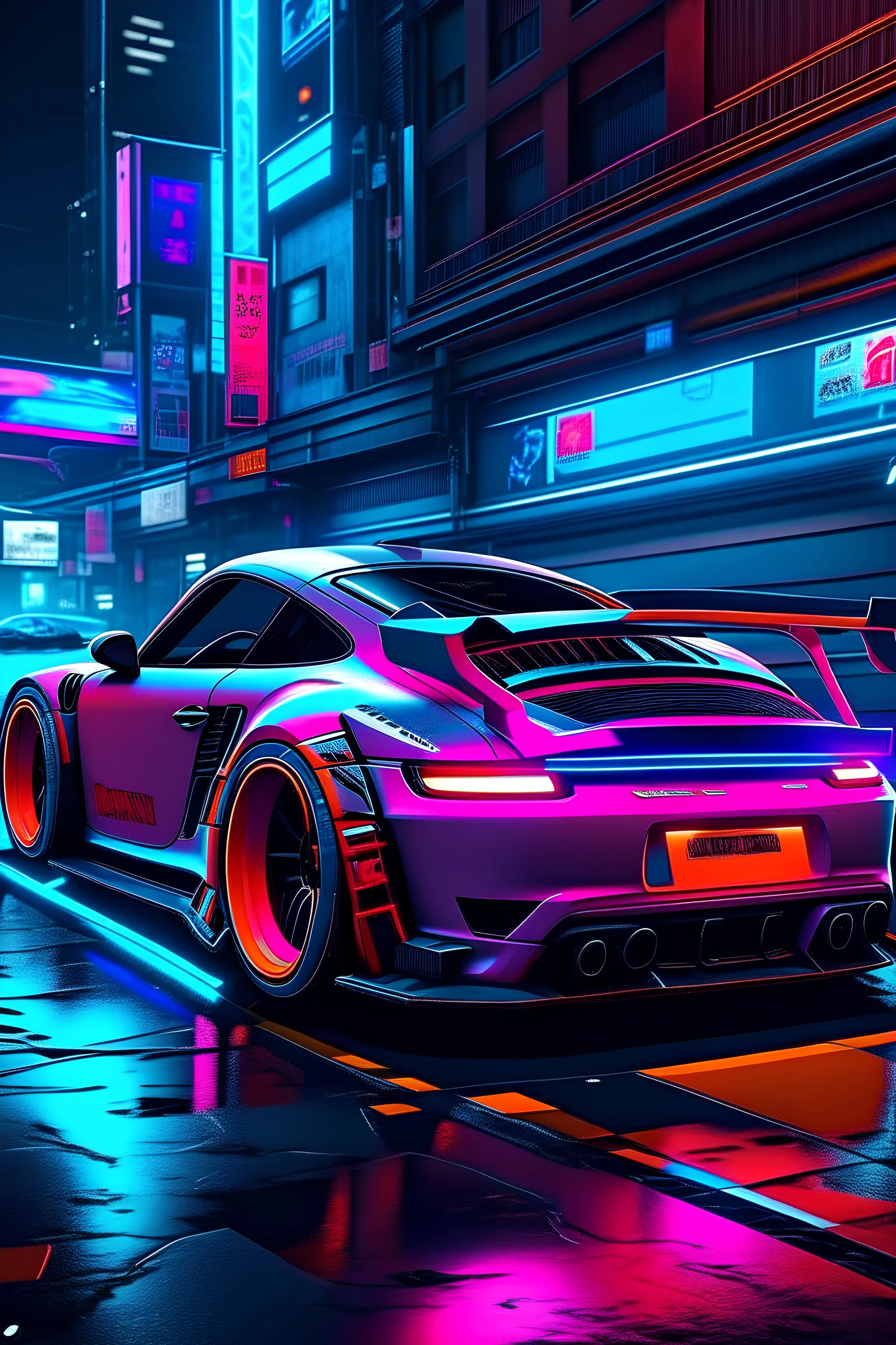 A futuristic version of a Porsche 911 GT3 RS navigating the neon-lit streets of a cyberpunk-inspired Wall Street. The car is equipped with glowing neon accents and advanced technology, fitting seamlessly into the high-tech cityscape. Hovering drones and holographic advertisements populate the sky, adding to the gritty, dystopian atmosphere. The style is cyberpunk, blending futuristic elements with gritty urban realism. Neon lights, reflections, and digital effects enhance the high-tech aestheti