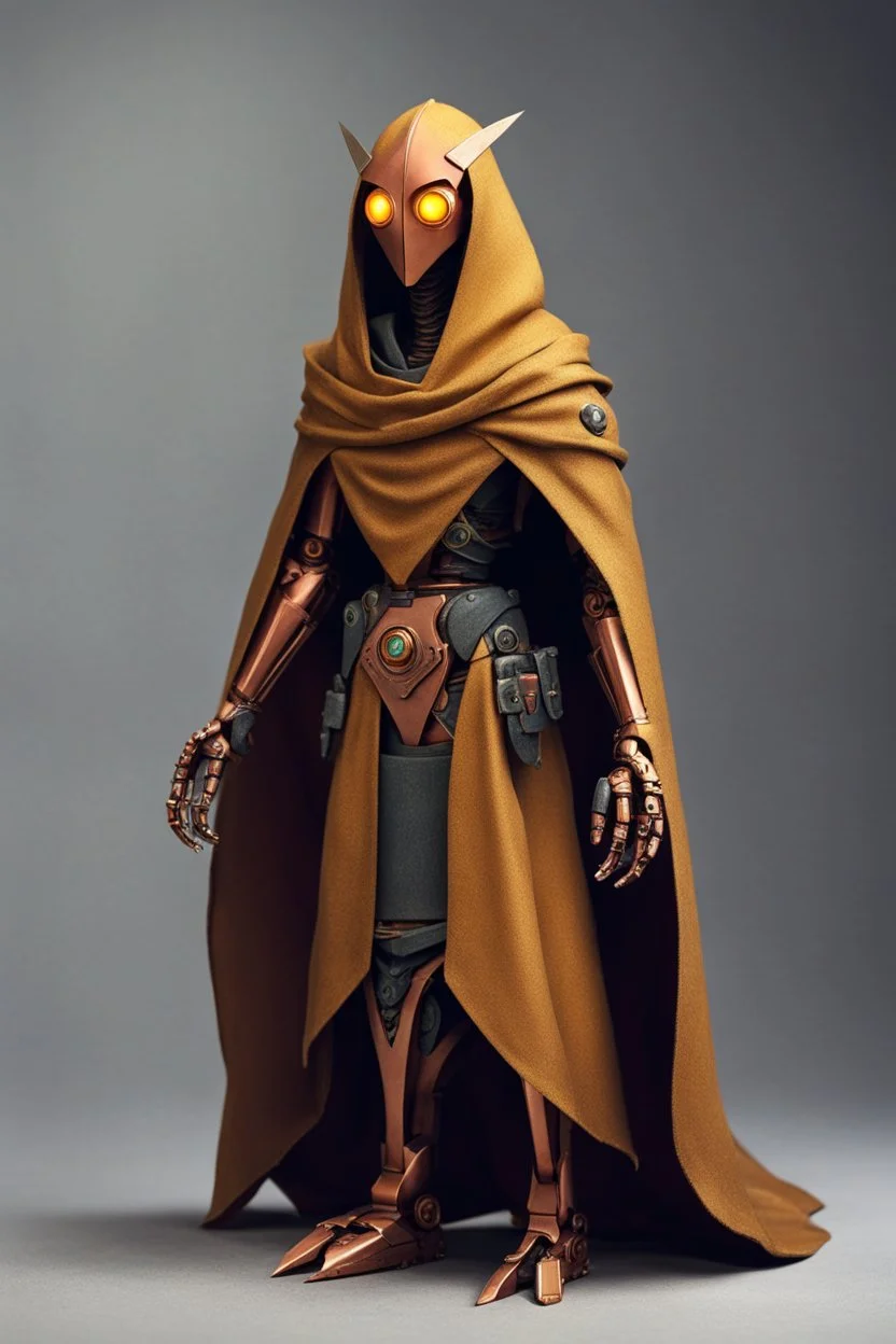 slim copper robot, dungeons and dragons, yellow eyes, wearing cloak