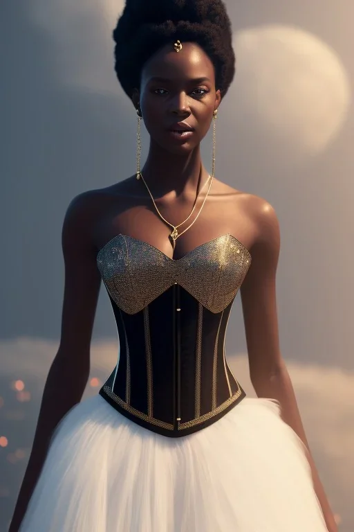 A portrait of a beautiful youthful black woman, wearing a corset, long silky black hair in ponytail, wizard, magical, ethereal, soft bright lighting. Concept art by wlop. Ultra quality 8k. Fantasy setting.