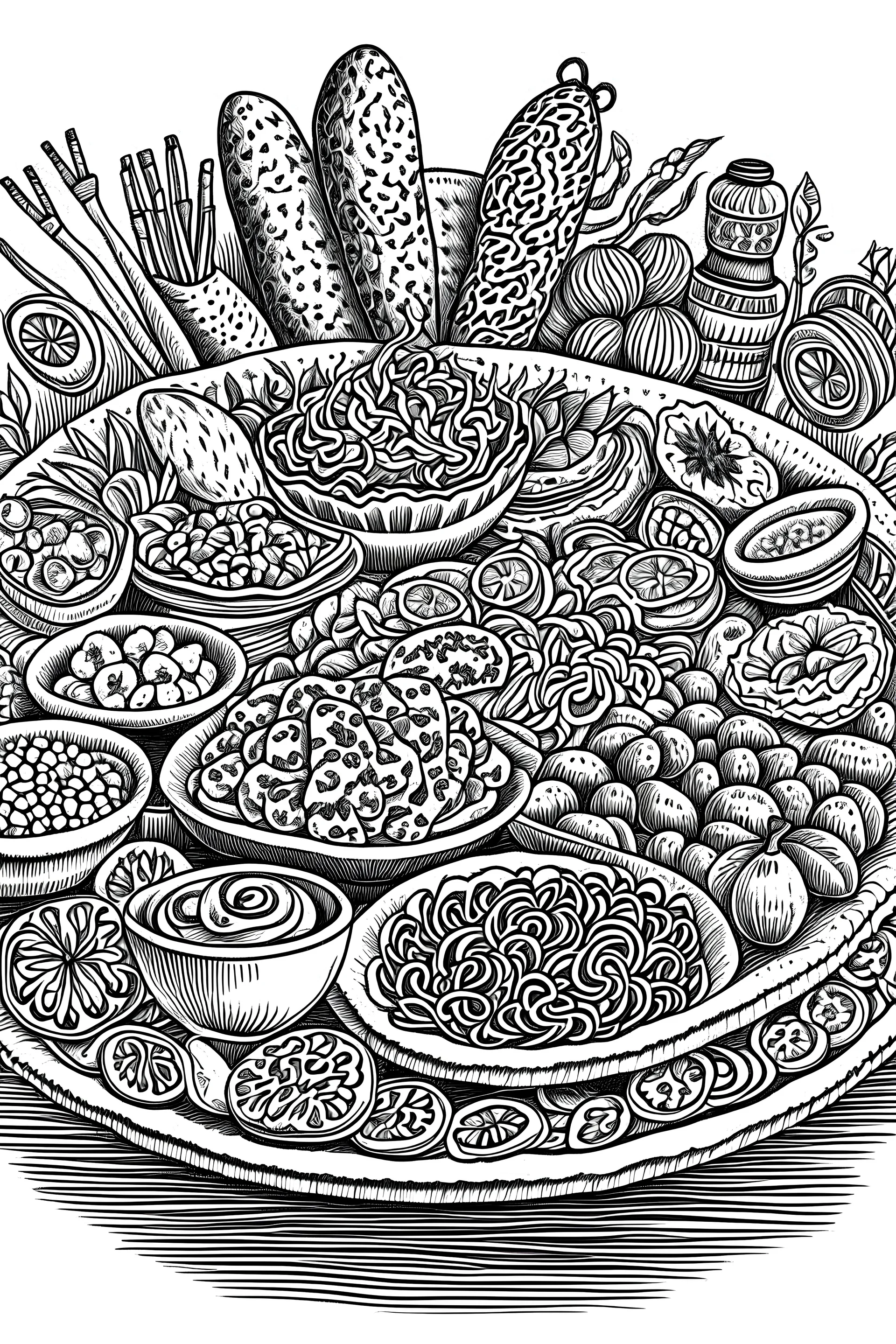 an illustration made by composing different nepalese food cusines in black and white like it was made with marker