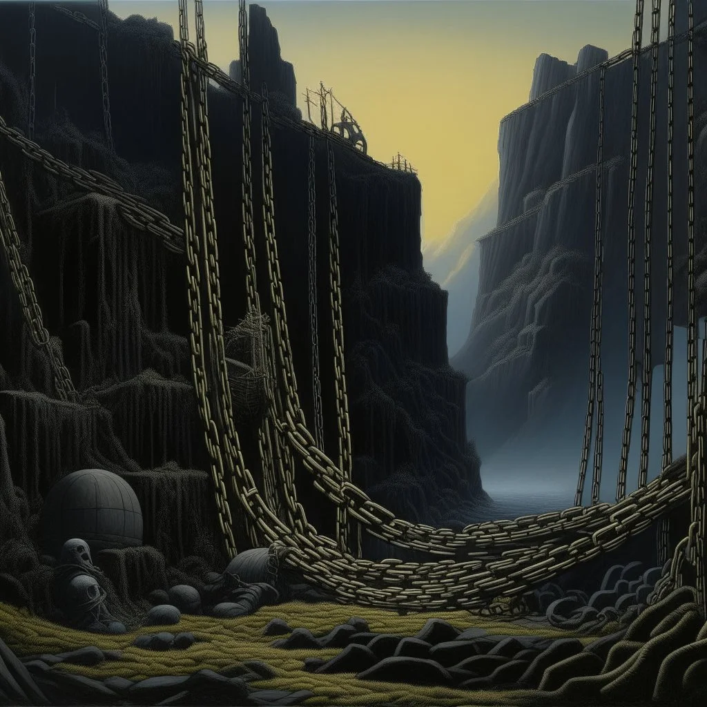 A black spongy fortress filled with chains painted by Caspar David Friedrich