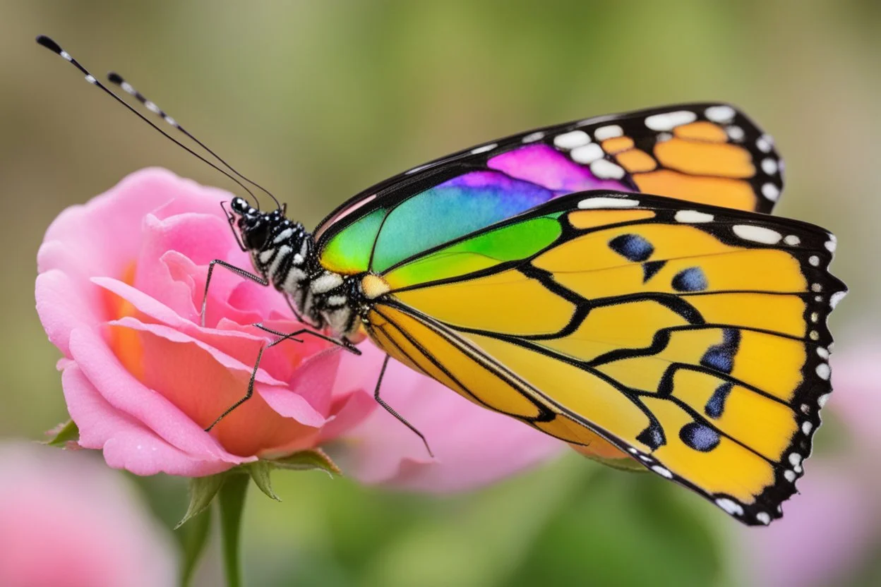 vibrant butterfly, its wings reflecting the rainbow, settled on a dew-kissed rose in a lush garden, with a warm and lively atmosphere"