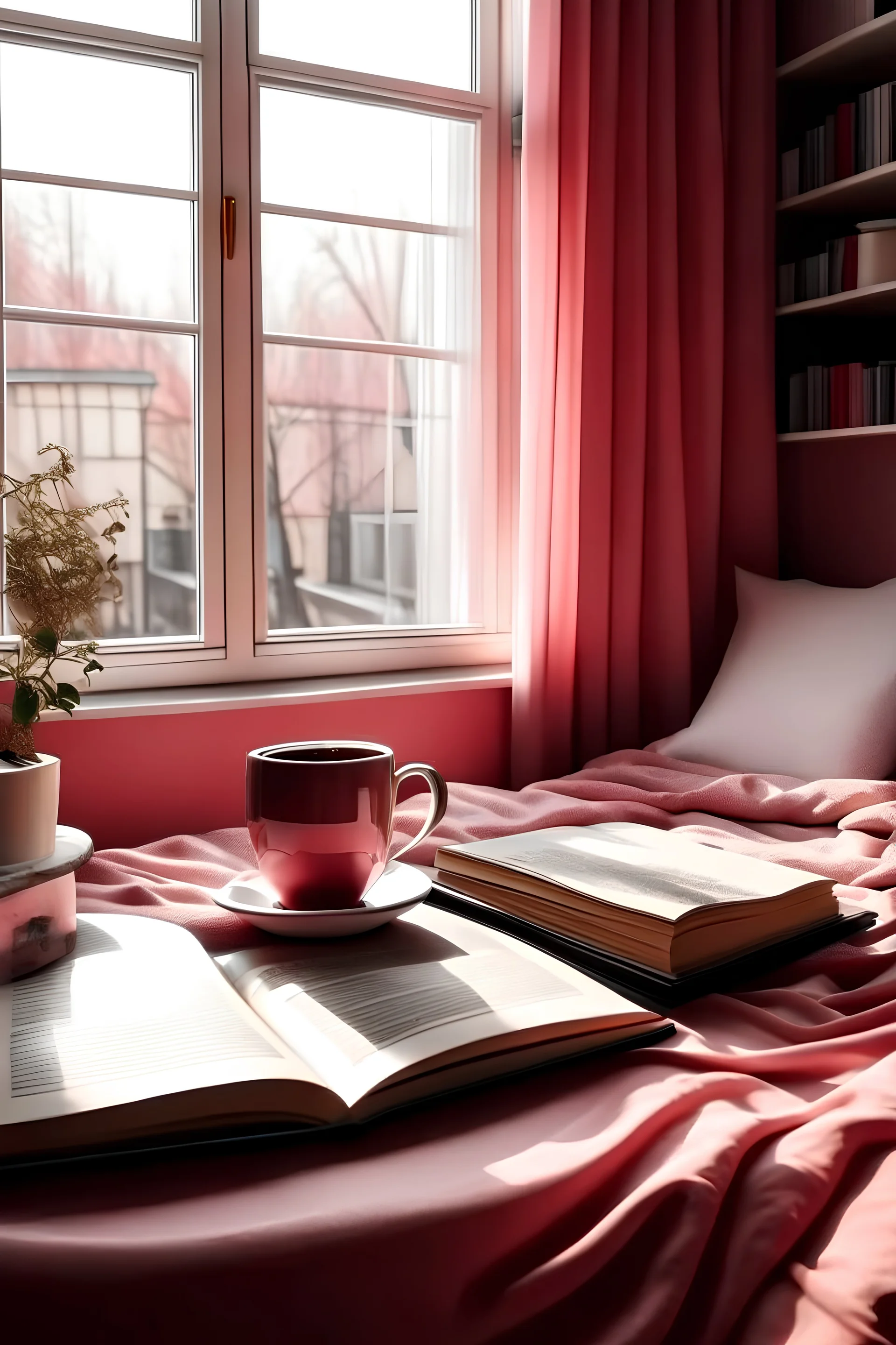 PinkRoom , bed , tablet , cup of coffee , books , big window