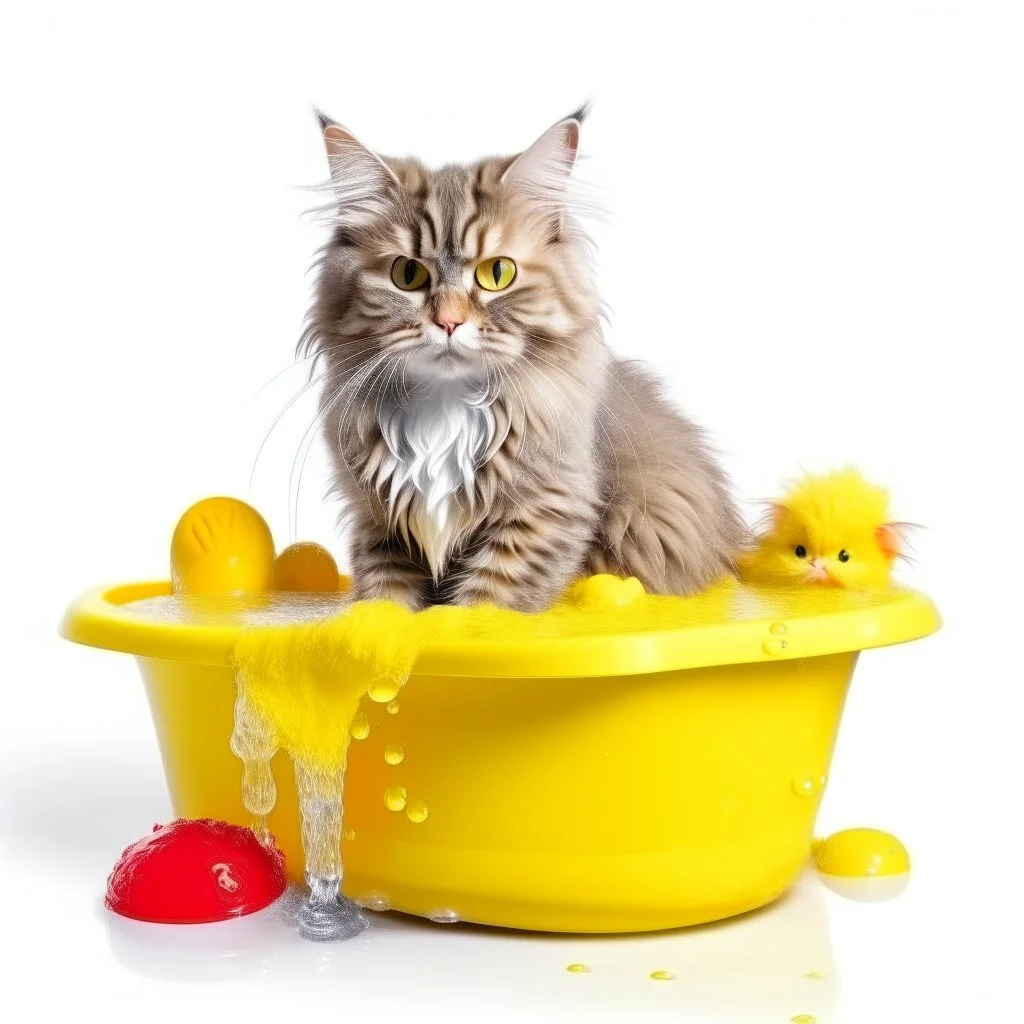 A red fluffy cat sitting in a bathtub filled with water with lots of bath foam and a small grey mouse in its hand. On the floor lies a yellow bath sponge in a small puddle of water. Everything on a white background to be removed.