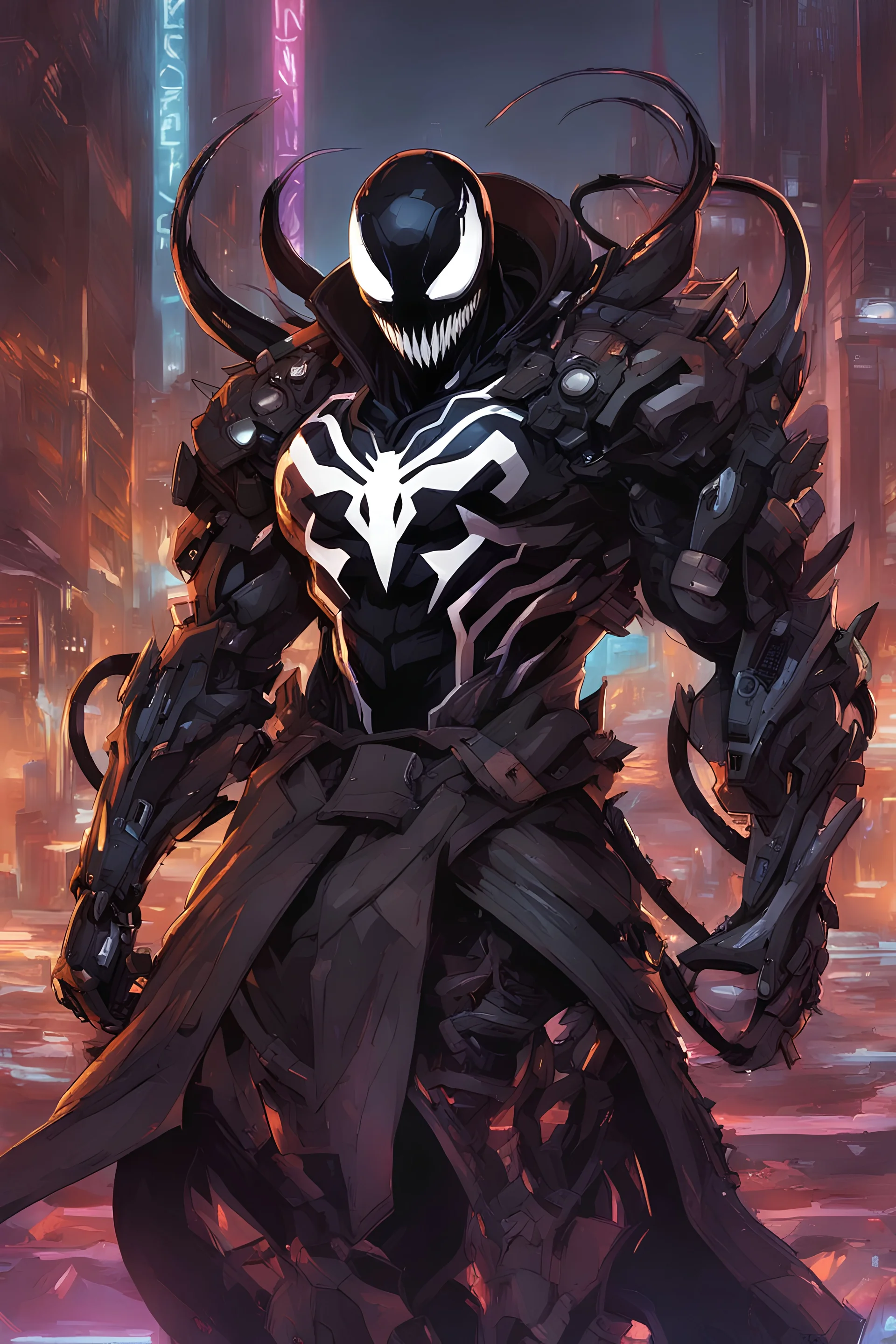 Venom mix with machine in solo leveling shadow artstyle, cyberpunk them, intricate details, highly detailed, high details, detailed portrait, masterpiece,ultra detailed,best quality