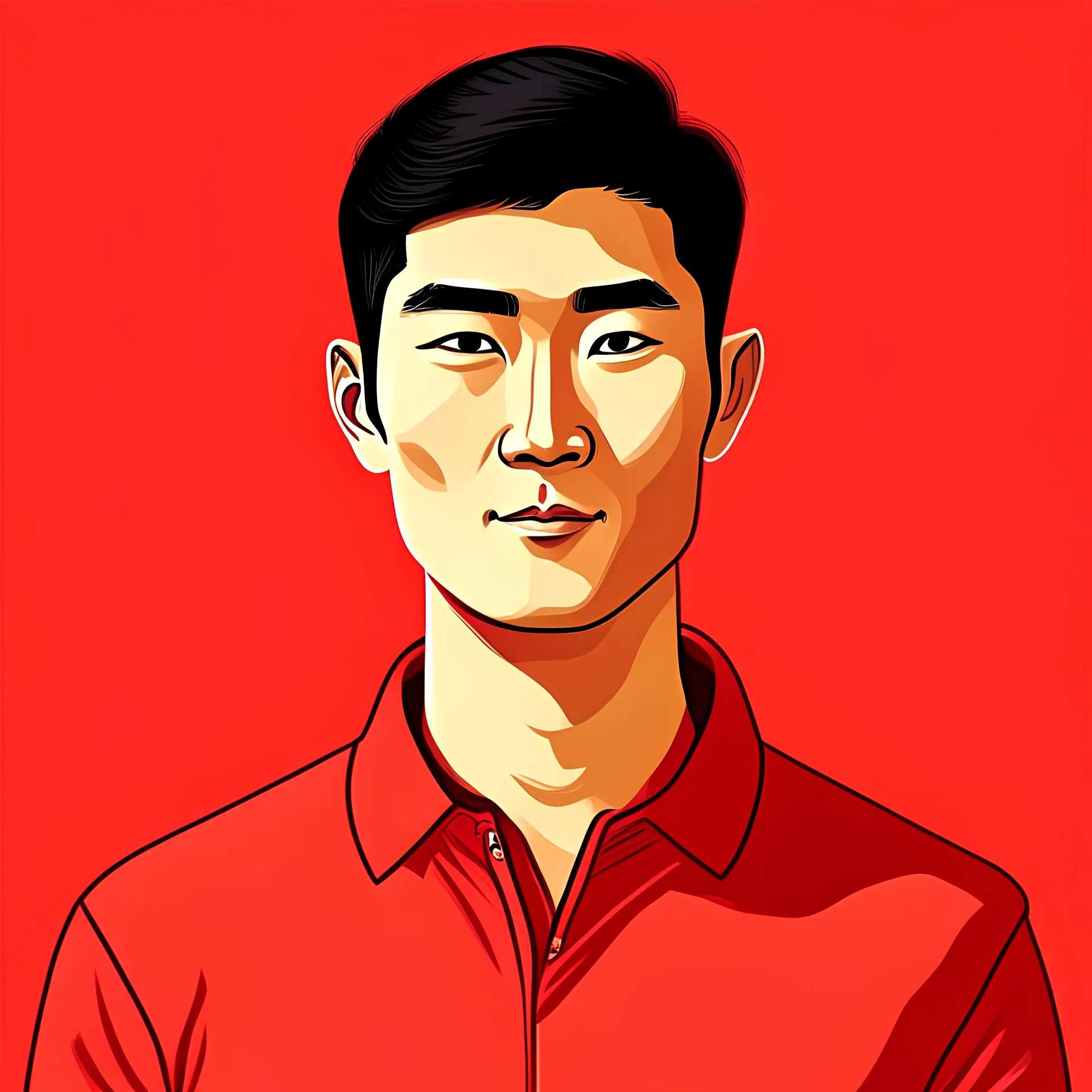 2d Illustration of a 30 year old handsome Chinese man, front view, flat single color red background