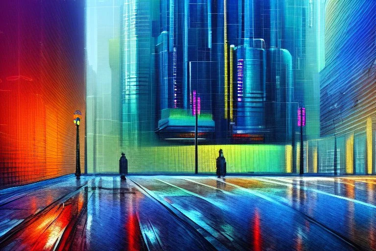 Futuristic cyberpunk building street foreground, impressionism painting