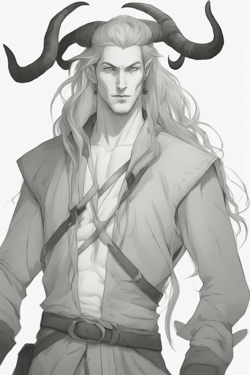 A dnd character portrait, a tiefling man with long hair and two black horns, white eyes and pale skin. Handsome. Young.