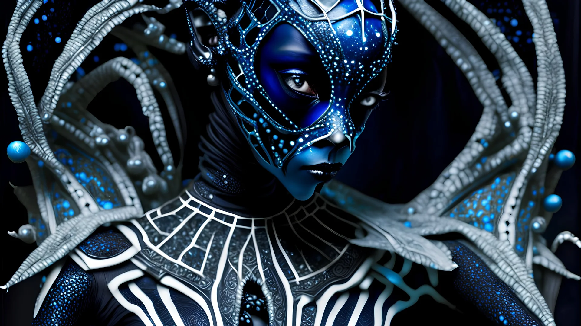 chameleon in a spiderman suit in space. Beautiful faced young ancient Troyan vantablack lady adorned with Troyan Empire style decadent vantablack dark techno white and light blue colour star black floral, with half face metallic etherialism vantablack Troyan and white ancient Troyan ornated masque wearing ancient Troyan ornated beautiful beads, pearls costume organic bio spinal ribbedd detail