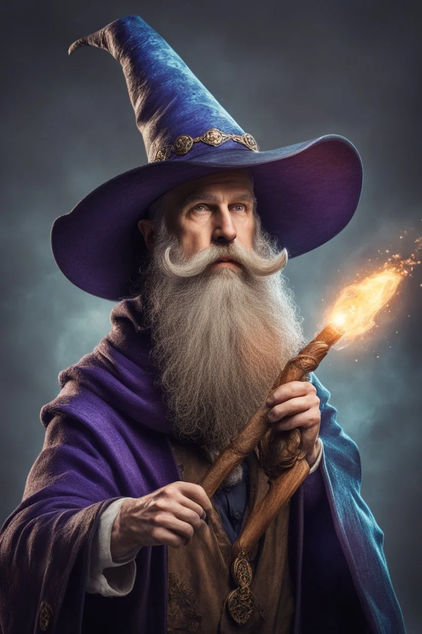 Wizard with majestic beard and pointy hat doing wizard stuff