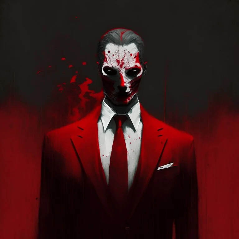 a sinister figure wearing a red suit with a red tie with no face and dirty slicked back hair