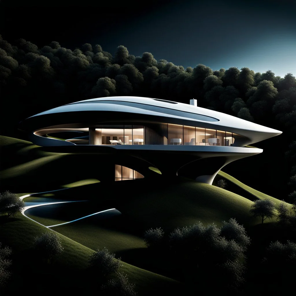 Casa campestre ecológica futurista, estilo Zaha Hadid, calidad ultra, hiperdetallada, hiperrealista, arte digital, 8k3D, vista aérea