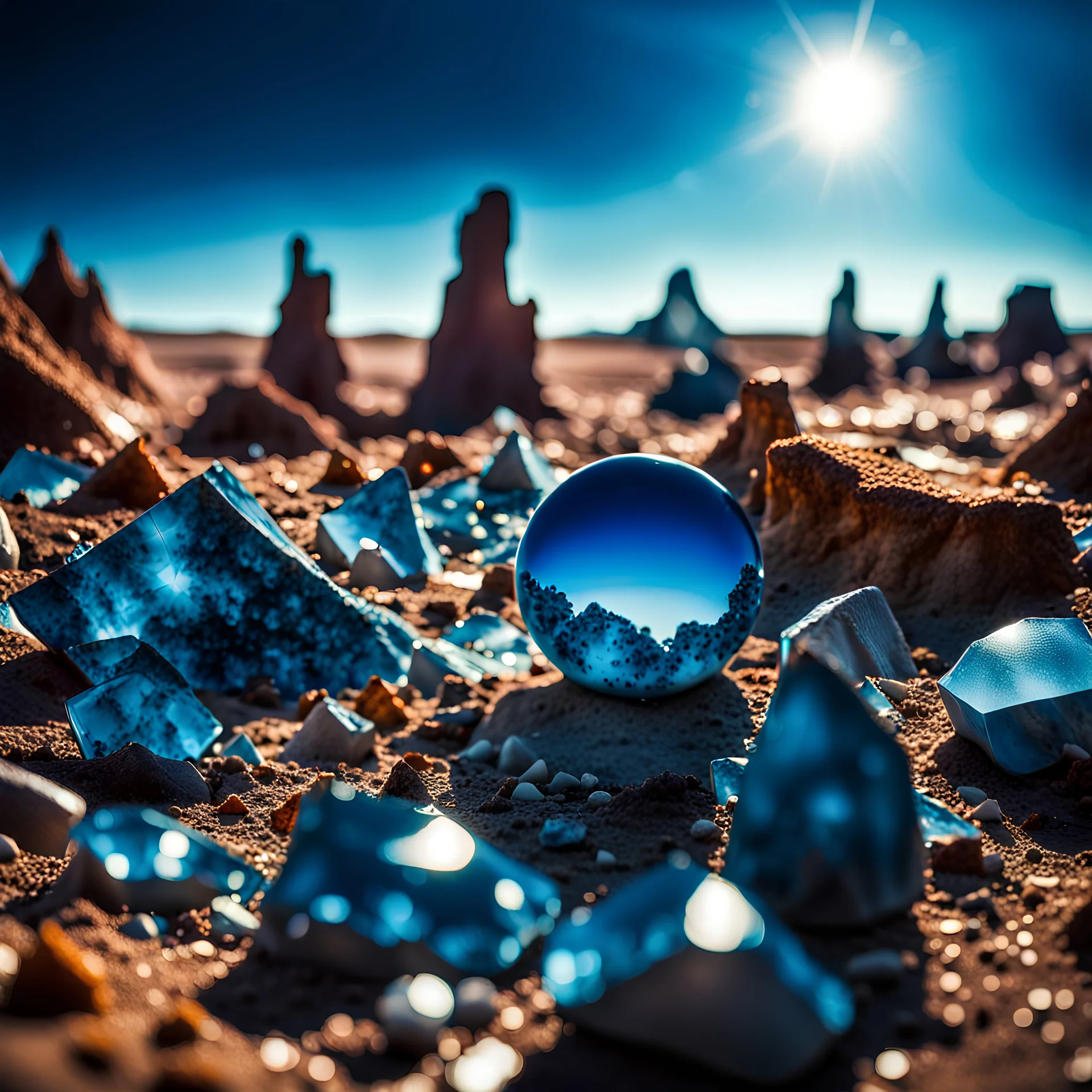 A striking photograh close-up captures a surreal wasteland with group of metaphysical shapes, adorned with minerals and rocks. Bathed in intense light, eerie, giant blue sun, 8k, deep 3d field, nothingness, strong texture, extreme paranoia, hypnotic, Yves Tanguy, colours, rich moody colors, bokeh, 33mm photography