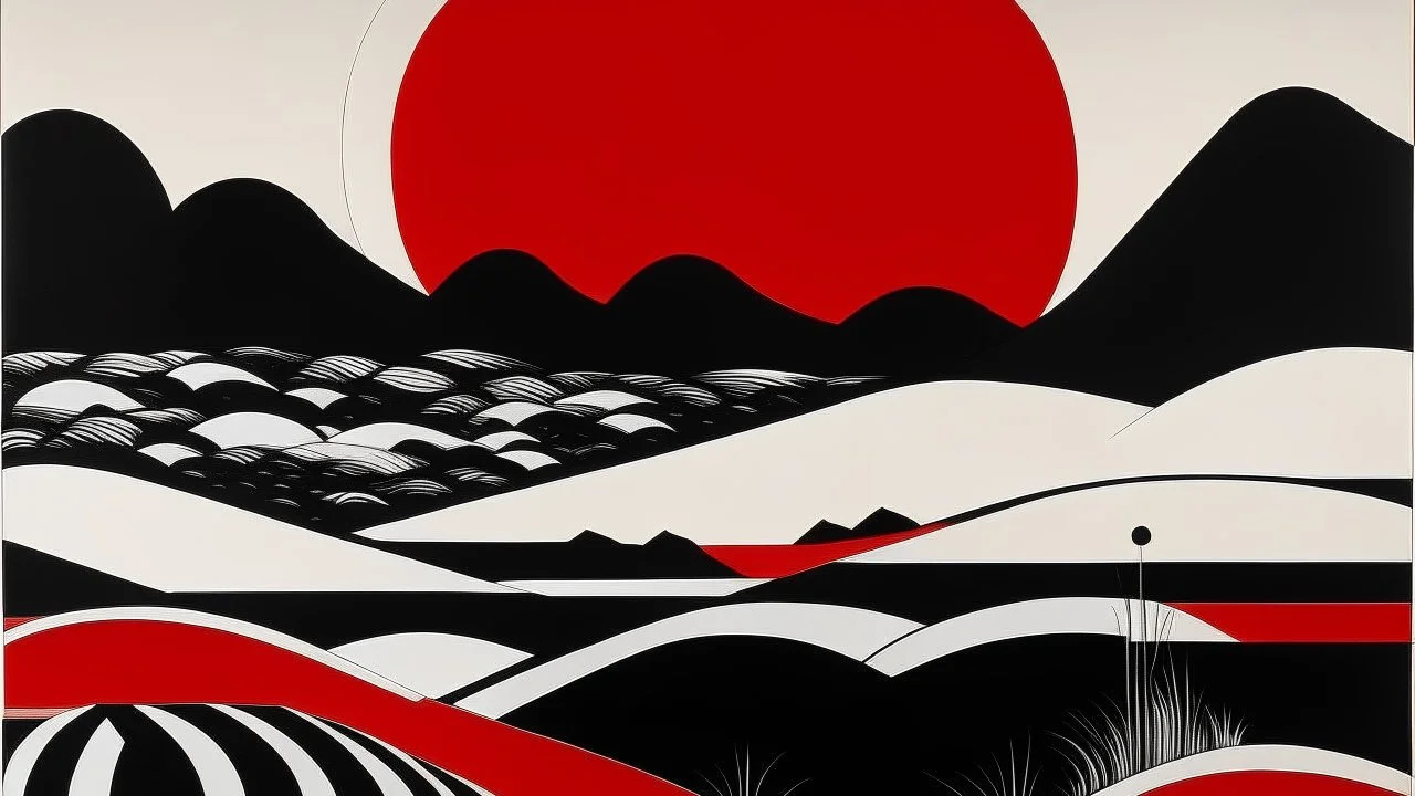 An abstract and minimalist illustration by Malevich and Kuniyoshi of a red, black and white desert landscape.