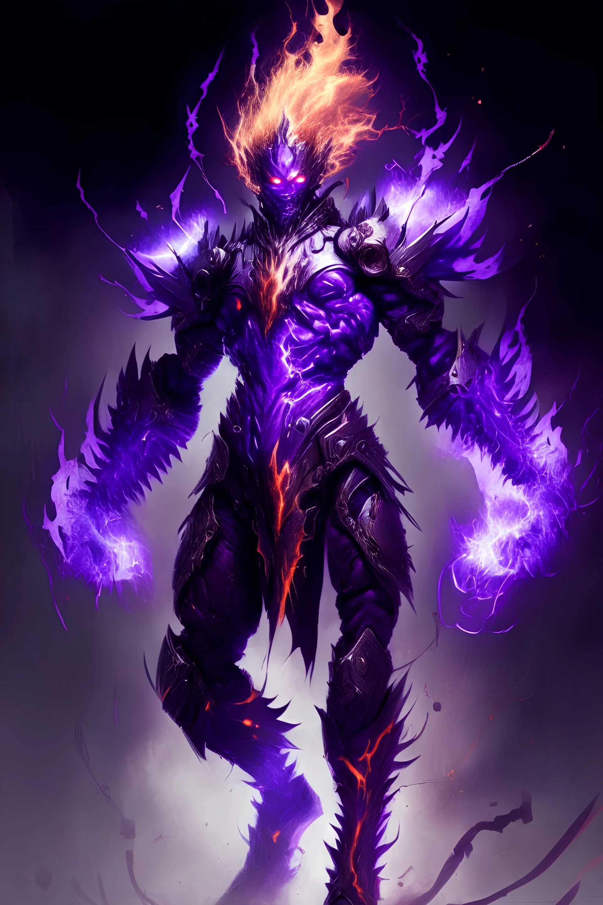 purple flame humanoid lightning demon in armour full body and flaming hair