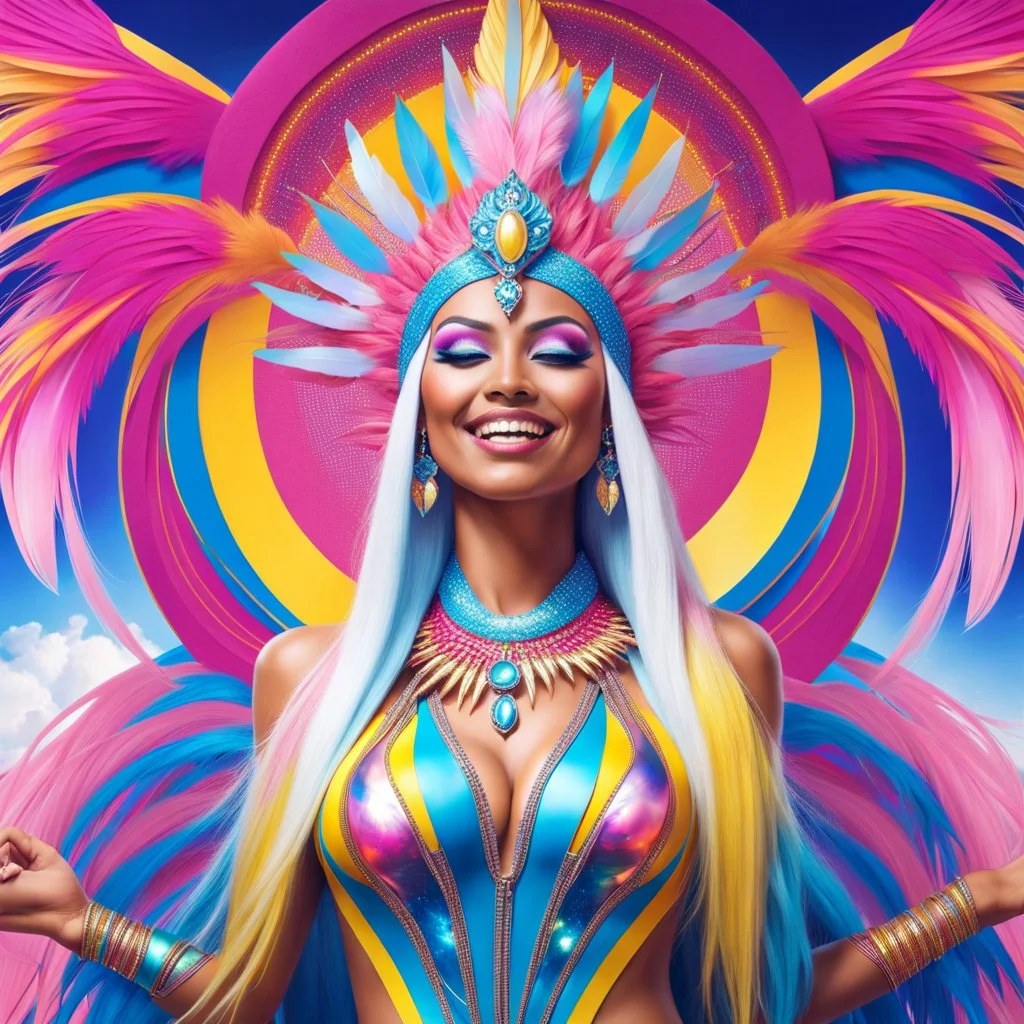 full body photorealistic portrait of a beautiful smiling amazonian carnival spiritual goddess with long parma white hair, colorful feathers tight hips with a tron like body suit tribute to the galaxy in a cosmic surounding only blue , pink and yellow, crystal jewels