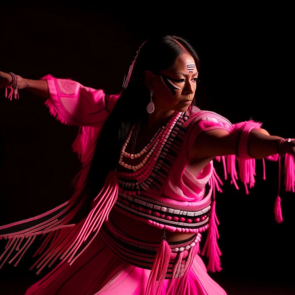 A female dancer in pink light designed in Navajo yarn