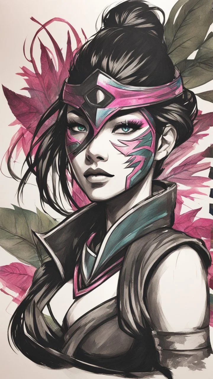 bits of color, furistic Sketch book, hand drawn, dark, gritty, realistic sketch, Rough sketch, mix of bold dark lines and loose lines, bold lines, on paper, akali, ninja girl, league of legends, eyes mask, leaves, animals, runes, dark theme,