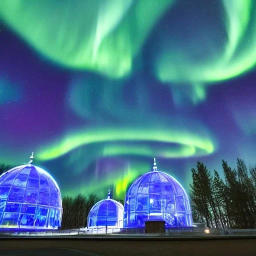 cité cosmique, dômes en verre bleuté, aurore boréale