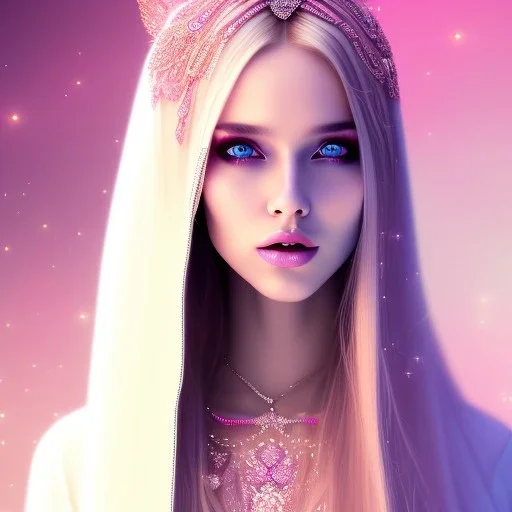 beautiful, soft, smiling face, whole head, long straight blonde hair blues eyes, crown on the head, clothing in transparent bluish and pink veil, background brillante bluish and pink, hight definition, 8K