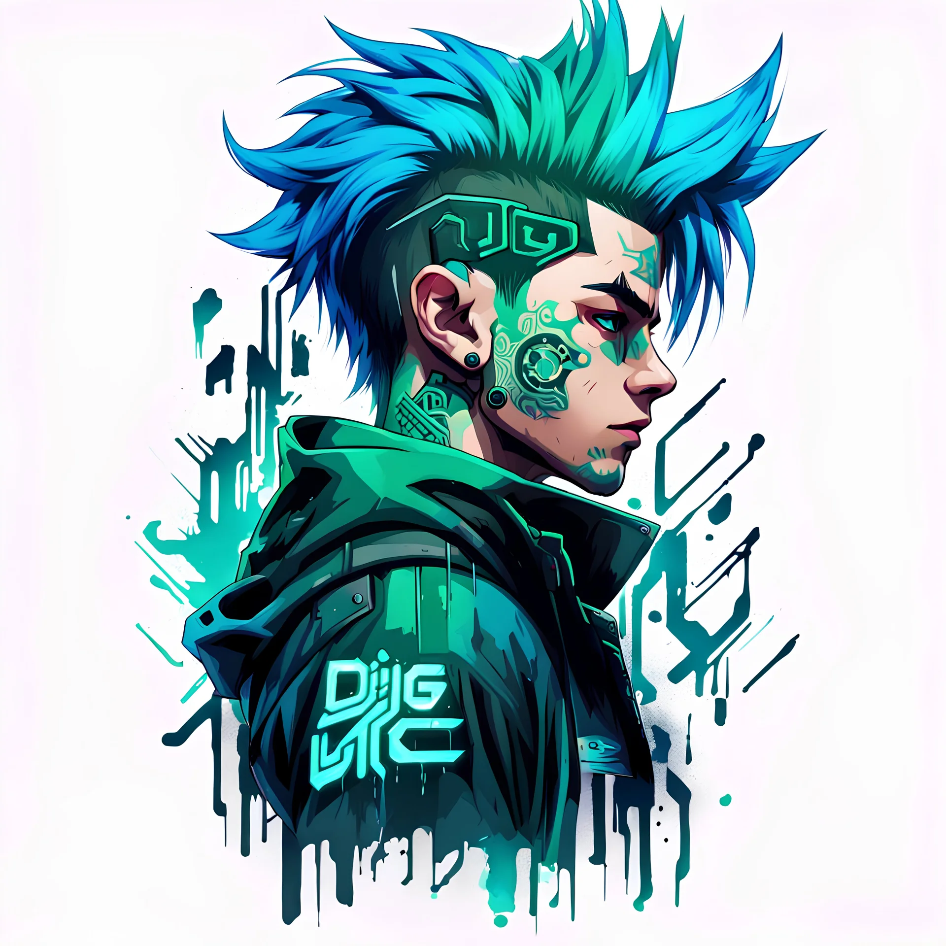 -shirt design, cyberpunk, art boys for style tattoos, blue green hair, there is a written name logo "digi" below, Grafity style, White background.