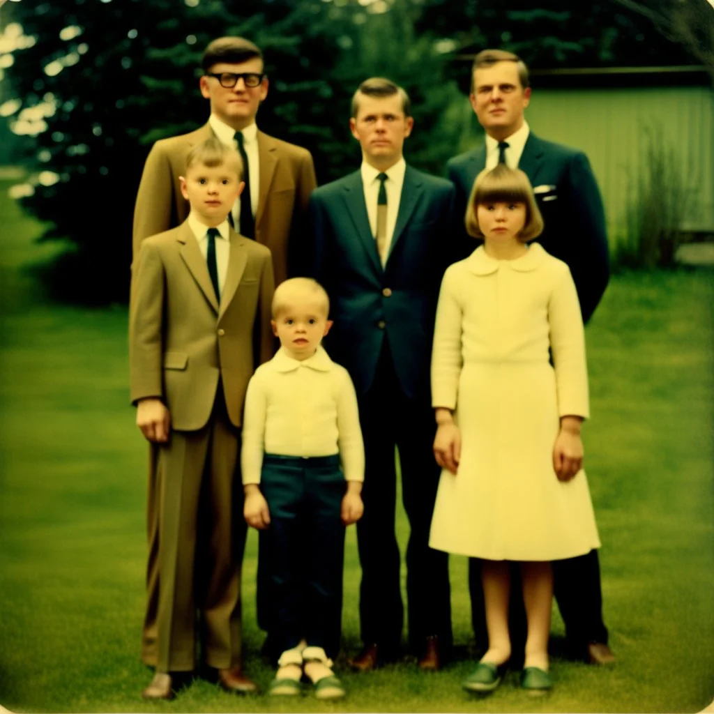 awkward family photo, all wearing the same type of clothes, 1960s, polaroid colors