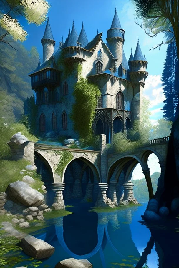 medieval gothic house built into rocks, lake, trees, arches, balconies, bridges, verandas, foliage, sunny blue sky