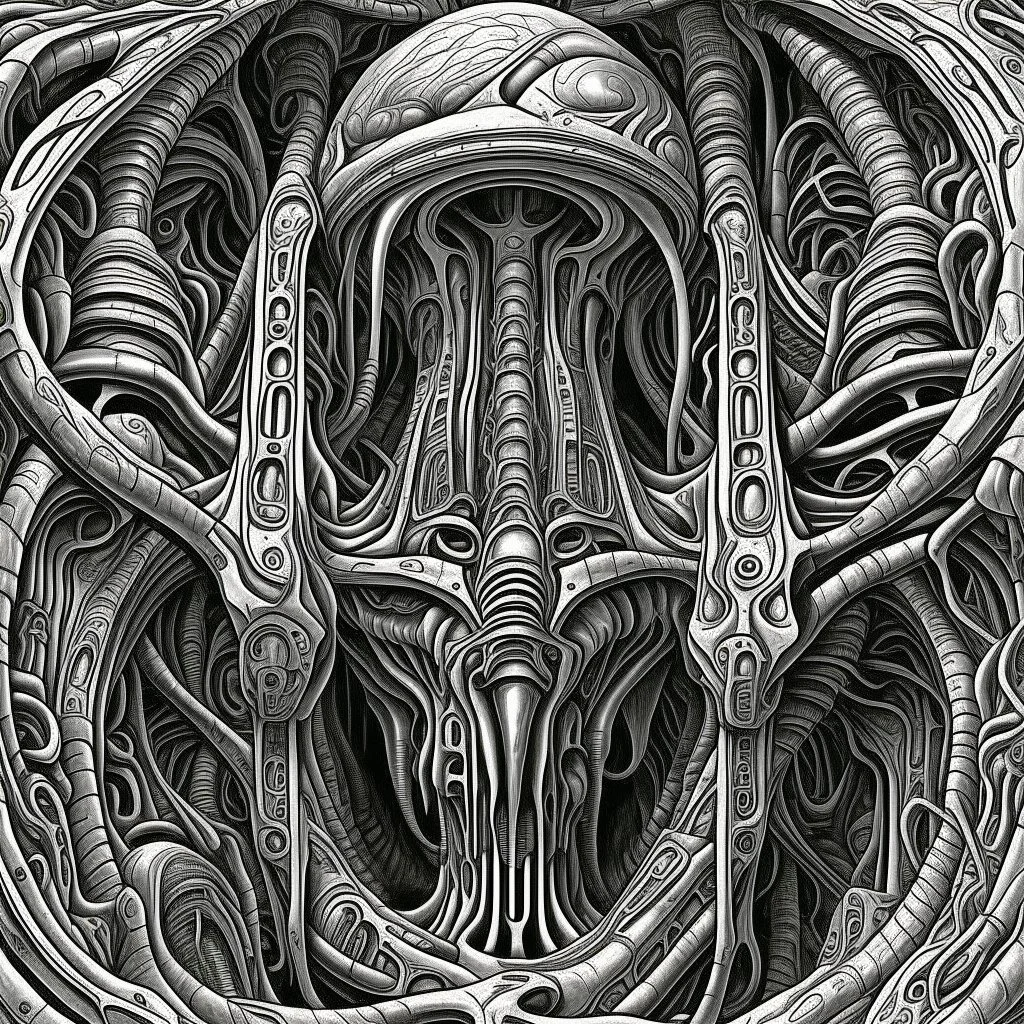 Maze of shafts and conduits, dark valves and arteries of a petrified monstrous organism neo surrealism, by Igor Morski, by H.R. Giger, fantastical, alcohol oil matte painting.