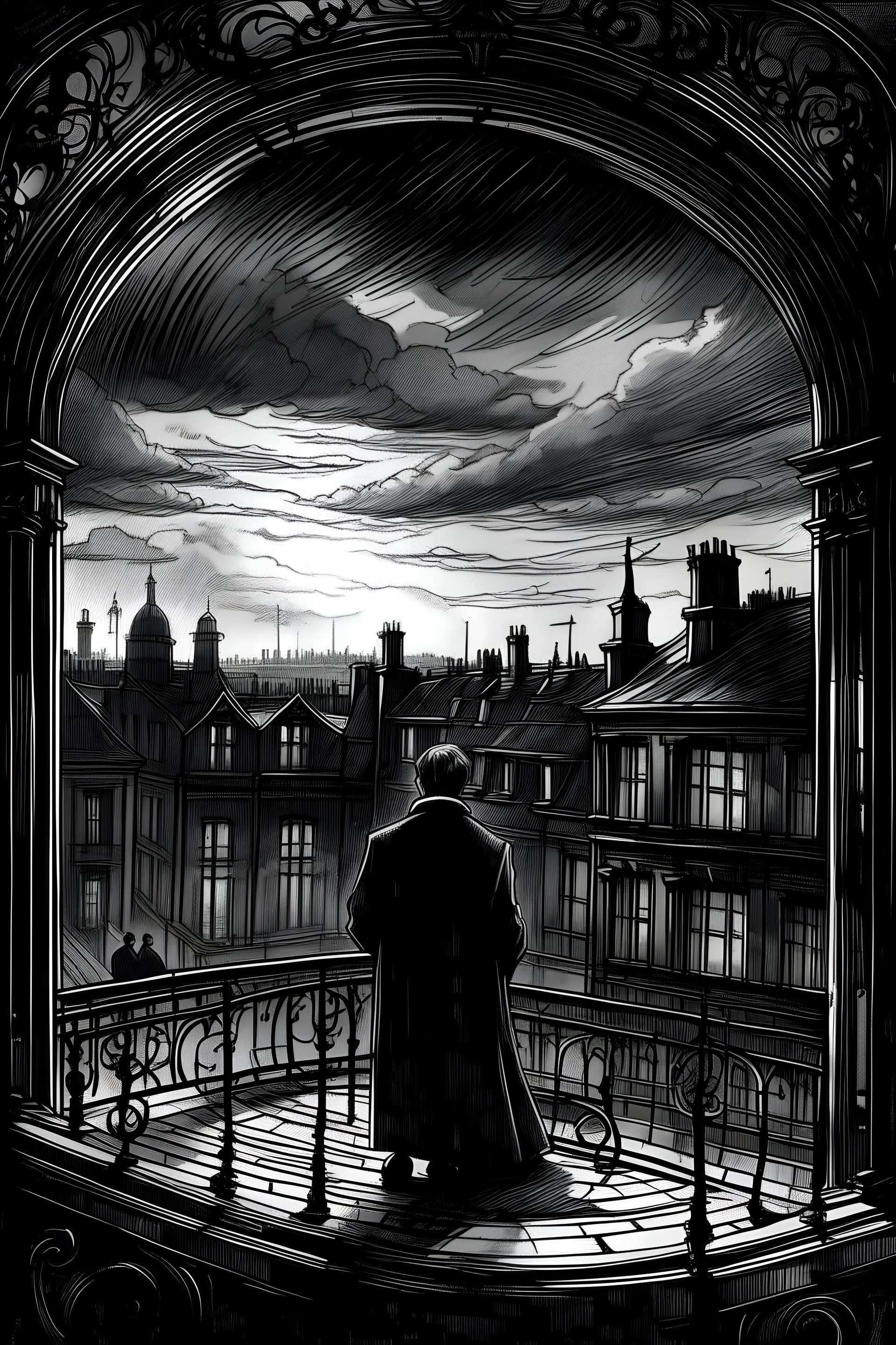 The court was very cool and a little damp, and full of premature twilight, although the sky, high up overhead, was still bright with sunset. Victorian London, black and white. A man behind a window, pencil sketch, damp ground.