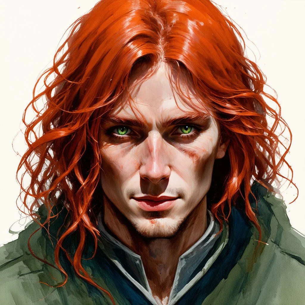 dnd, fantasy, watercolour, stylistic, portrait, illustration, dull colours, male, face, narrow long face, weathered face, green eyes, determined, happy, red hair, very long hair streaming down the shoulders, radiating light, five o'clock shadow, softer facial features