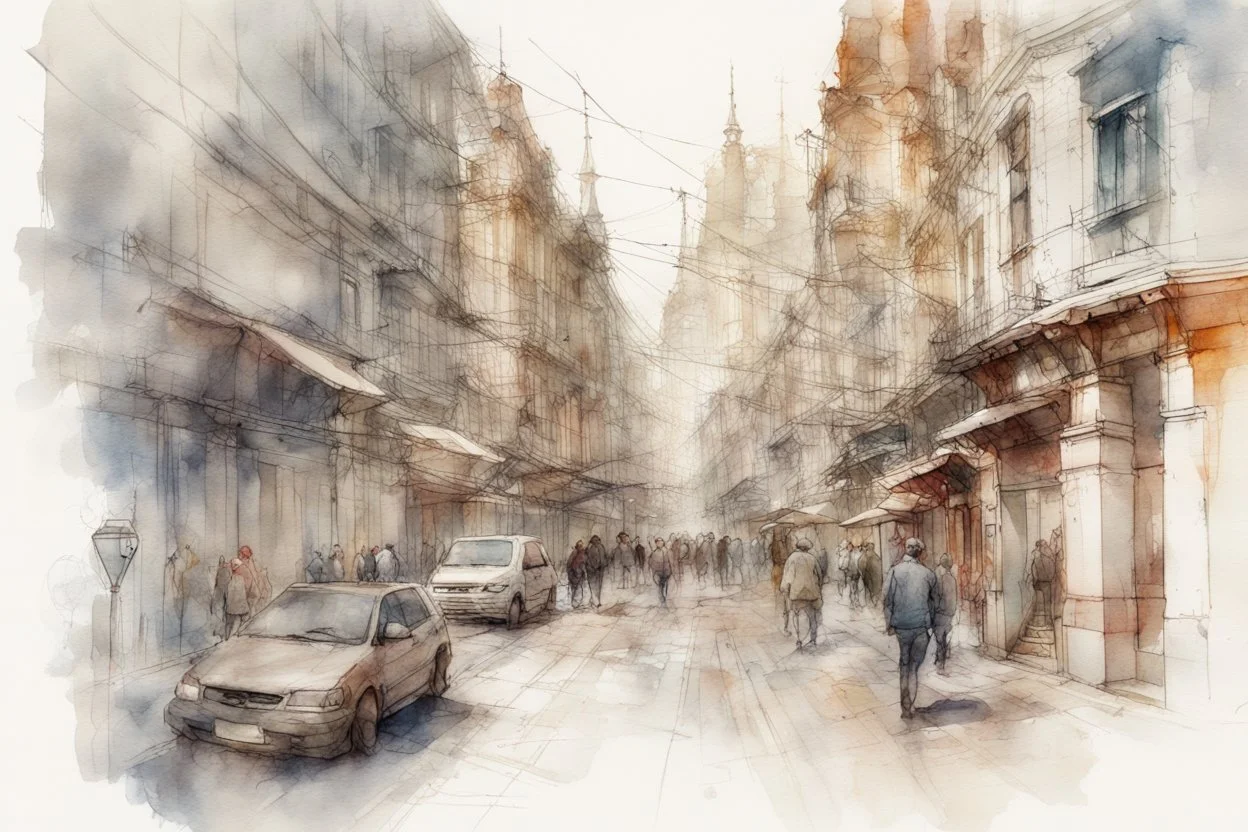 City sketch, watercolor, white background, vibrancy of watercolor wash, highly detailed, with sharp focus and smooth transitions. Carne Griffiths, Wadim Kashim, Carl Larsson, Pascal Blanche, golden ratio, masterpiece, trend on CGSociety and Artstation, bottomless, impressive, something that does not even exist, textures, iridescent scales and luminescent, impressive beauty, pure perfection, divine presence, unforgettable beauty, impressive, impressive, volumetric light, auras, rays, reflections