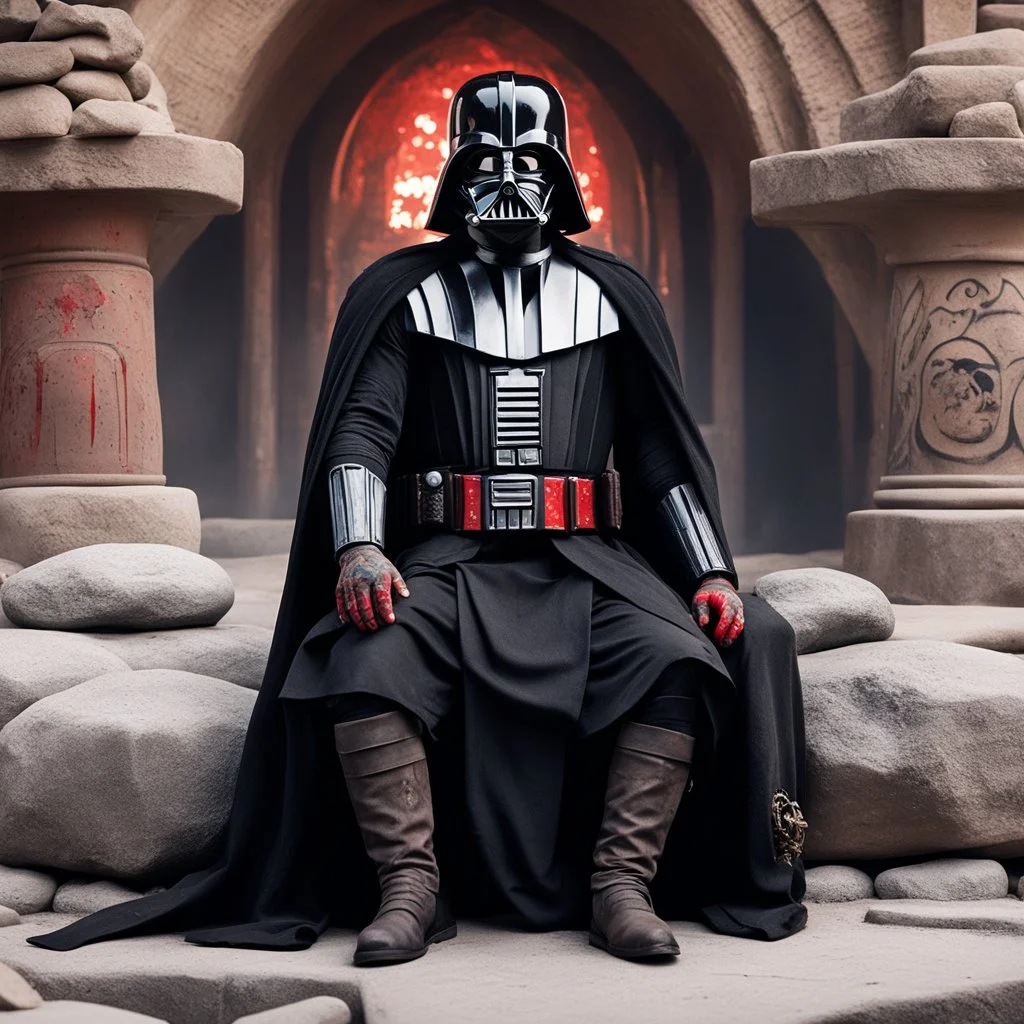 covered with tattoos: Darth Vader as a tattooed gangsta monk with collars and bracelets, he is sit on the stones of his bloody monastery, he is relax and smokes, his outfit is dusty, rusty, nd bloody: he was Born Ready