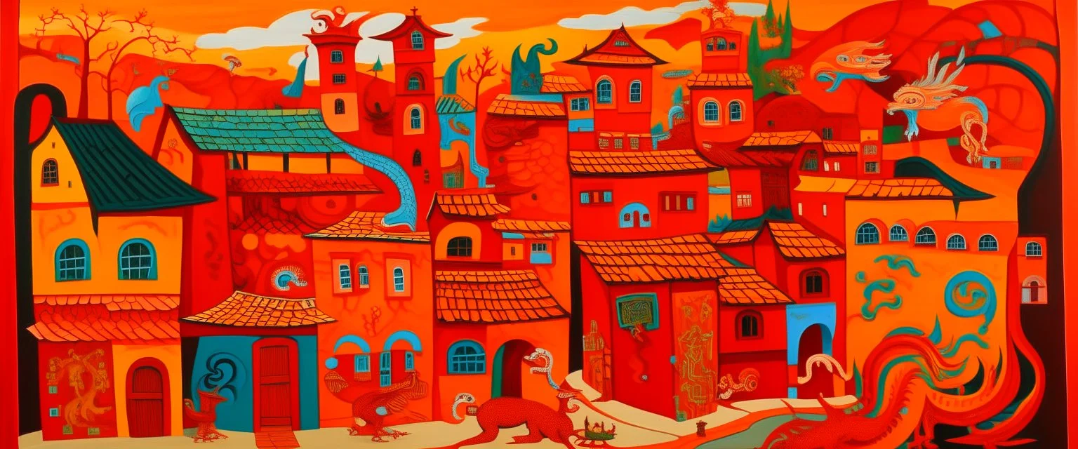 An orangish red village with a fiery dragon palace designed in native American petroglyphs painted by Stuart Davis