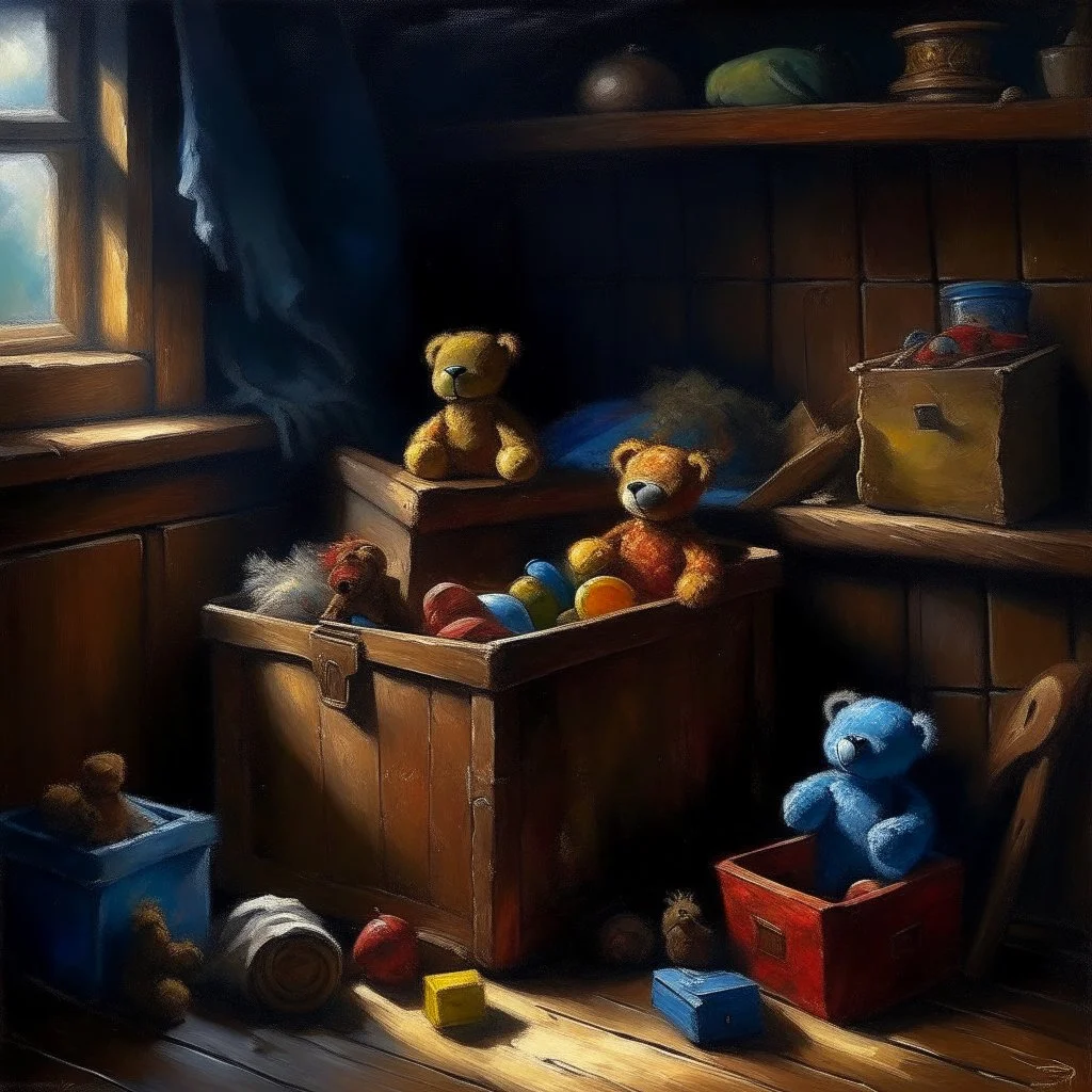 impressionist painting of an antique toy box filled with vintage toys in corner of a dark attic, weathered wood, by Atelier Olschinsky and Ted McKeever, large brush strokes, nostalgic, moody, opulent shadows, cobwebs, solid line work, maudlin, sad limp teddy bear