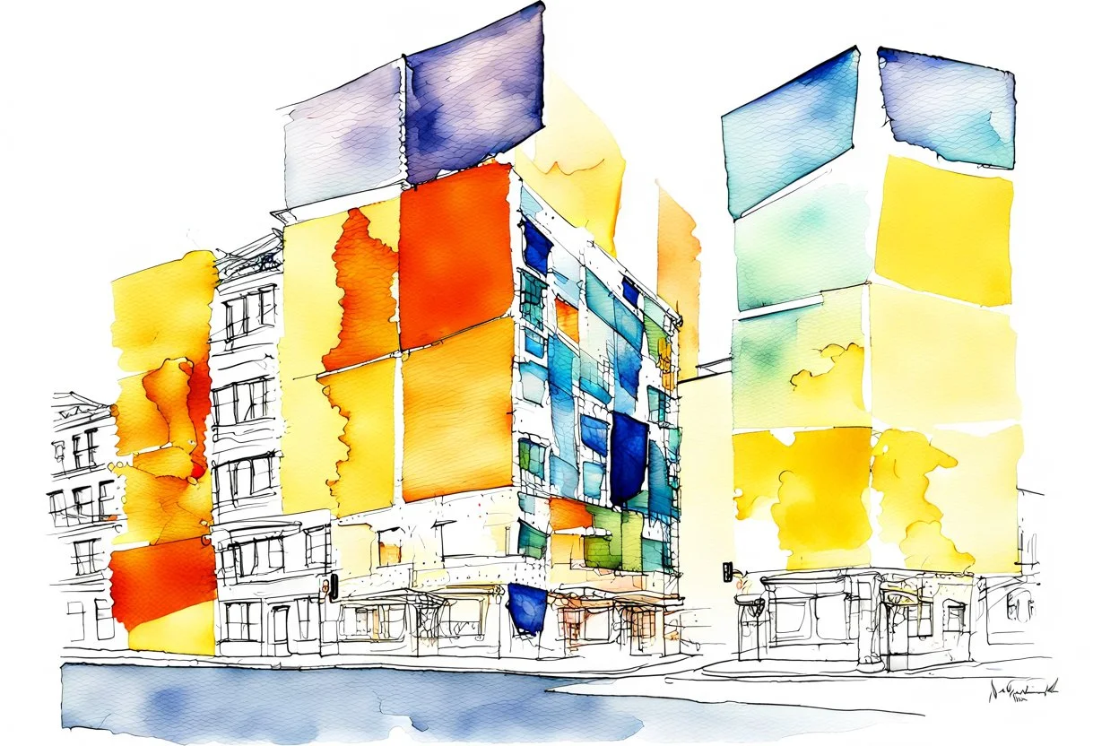 watercolor and ink, tint leaks, whimsical arafed nonsense, patchwork vibe, (((side view))) two arafed glass interlock liminal space swooshing in a sunny whimsical downtown, double negative, with extreme body action and with (((oversize head))), sharp color contrasts, amazing shadows, minimal cozy, warm palette, bright bold warm summer colors with yellow orange black colors, color leak, heavily distorted views, amazing parallels, extreme urban decay