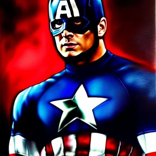 Ultra detailed fullbody Portrait in oil on canvas of Captain America ,intense stare,extremely detailed digital painting, extremely detailed face,crystal clear Big eyes, mystical colors ,perfectly centered image, perfect composition, rim light, beautiful lighting,masterpiece,8k, stunning scene, raytracing, anatomically correct, in the style of robert e howard and Ken Kelley and Ohrai Noriyoshi and Simon Bisley and tomzj1