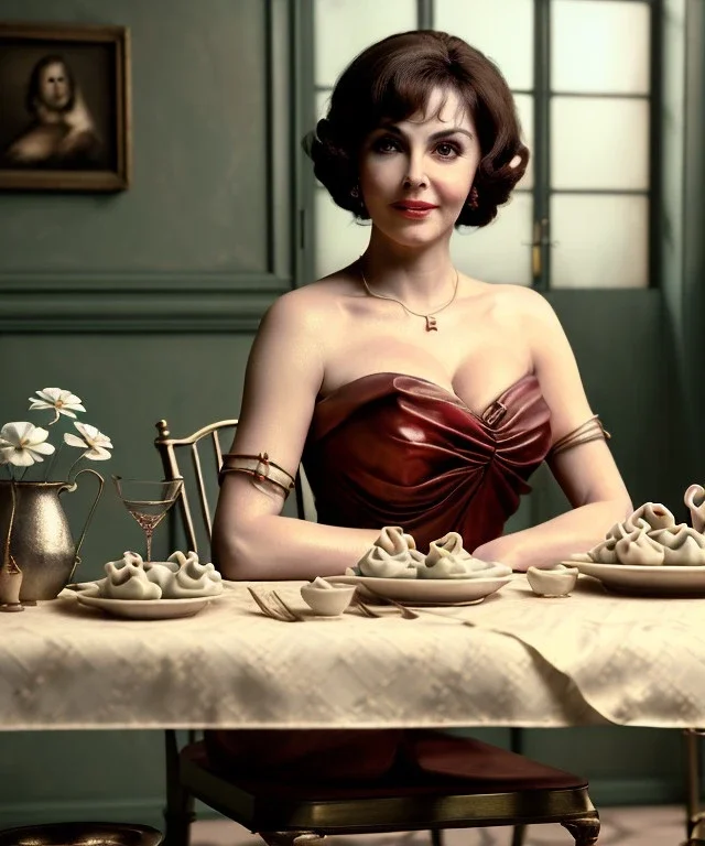 Ultra realistic photographic portrait, happy elegant Gina Lollobrigida woman sitting with arms resting on Italian kitchen table, pretty tortellini dish, renaissance style decoration, cold, soft color, highly detailed, unreal engine 5, ray tracing, RTX, lumen lighting, ultra detail, volumetric lighting, high definition.